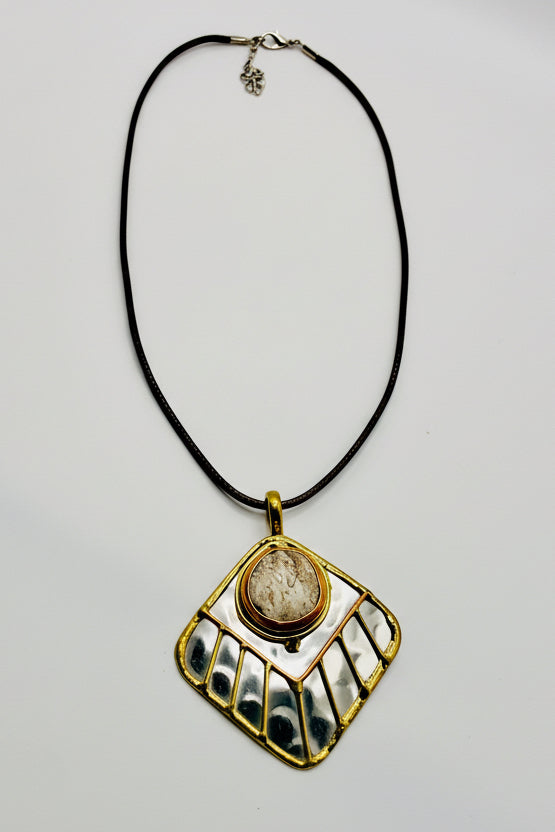 Stainless Steel Mix Metal Cream Gemstone Pendant Brass/ Copper with Leather Cord