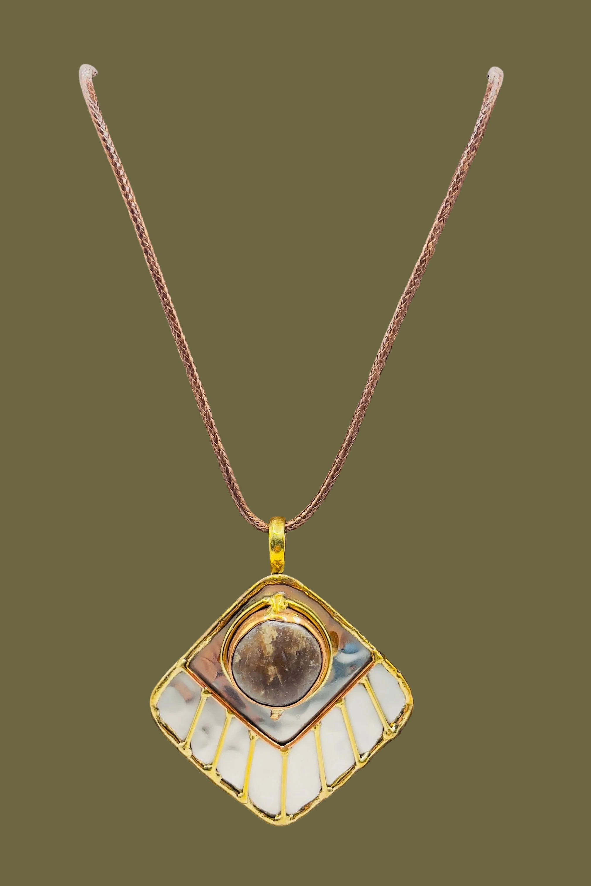 Stainless Steel Mix Metal Brown Cream Gemstone Pendant Brass/ Copper with Leather Cord