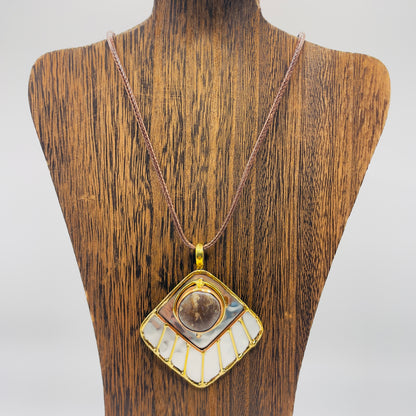 Stainless Steel Mix Metal Brown Cream Gemstone Pendant Brass/ Copper with Leather Cord