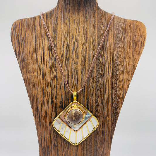Stainless Steel Mix Metal Brown Cream Gemstone Pendant Brass/ Copper with Leather Cord