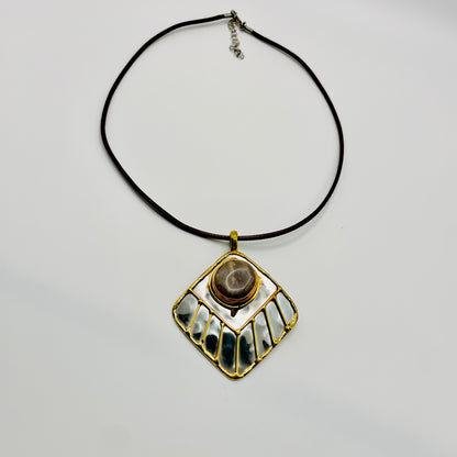 Stainless Steel Mix Metal Brown Cream Gemstone Pendant Brass/ Copper with Leather Cord