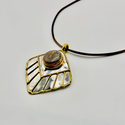 Stainless Steel Mix Metal Brown Cream Gemstone Pendant Brass/ Copper with Leather Cord