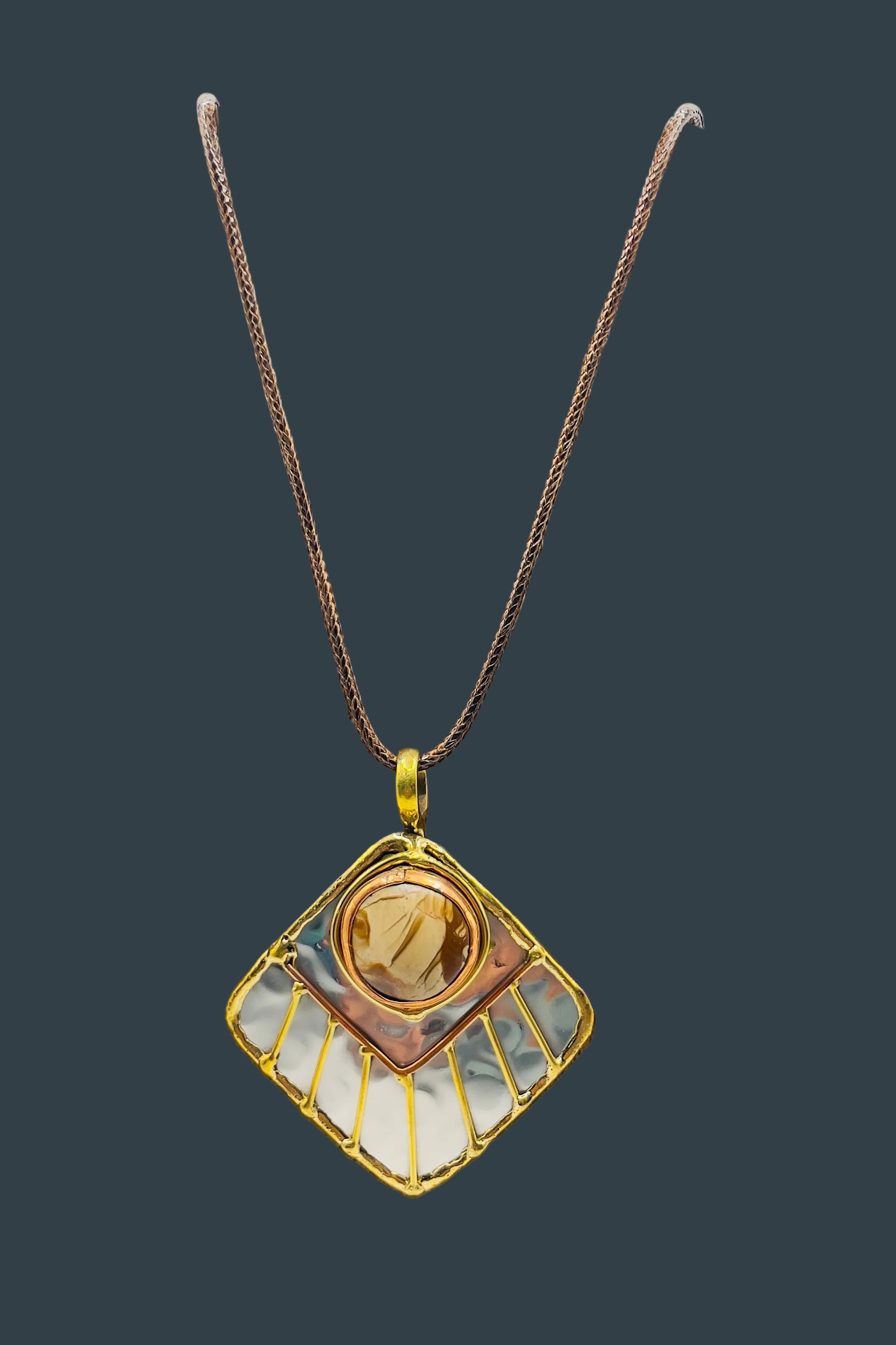 Stainless Steel Mix Metal  Cream Brown Gemstone Pendant Brass/ Copper with Leather Cord