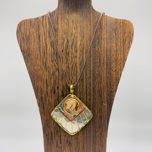 Stainless Steel Mix Metal  Cream Brown Gemstone Pendant Brass/ Copper with Leather Cord