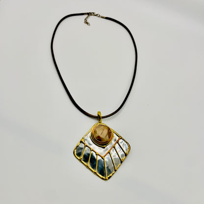 Stainless Steel Mix Metal  Cream Brown Gemstone Pendant Brass/ Copper with Leather Cord