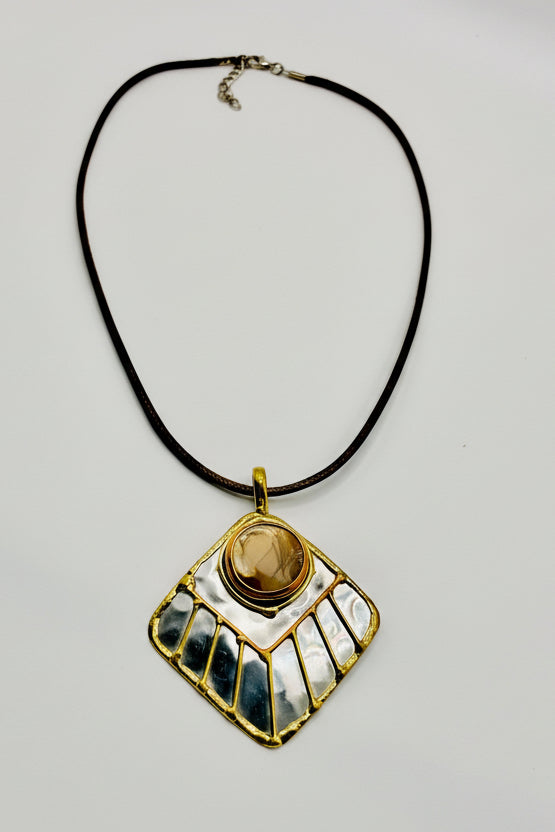 Stainless Steel Mix Metal  Cream Brown Gemstone Pendant Brass/ Copper with Leather Cord