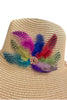 Handmade tan floppy straw hat with feather and brooch
