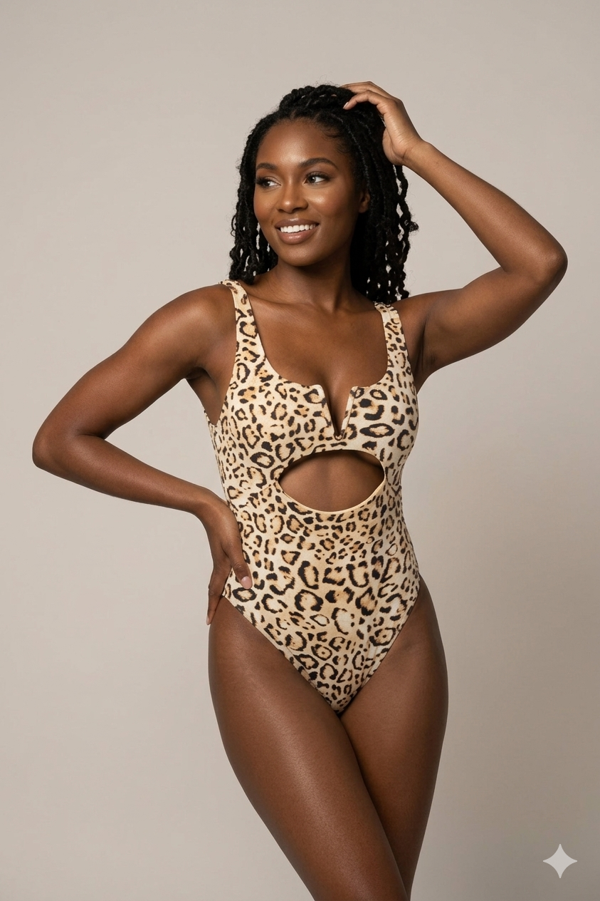 RIBBED V FRONT LEOPARD ONE PIECE SWIMSUIT