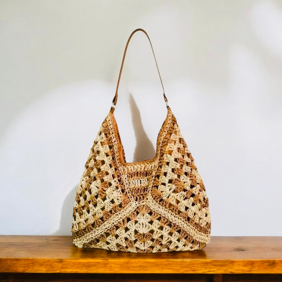 WOVEN WHIMSY TWO TONE RAFFIA KNIT SHOULDER BAG