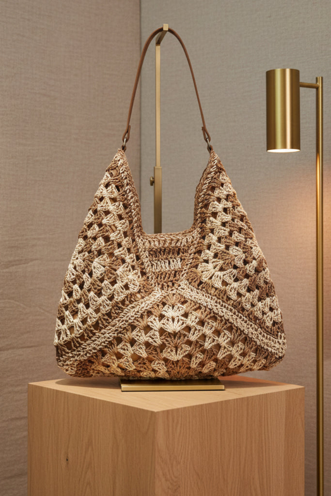 Brown and cream two-tone raffia knit shoulder bag