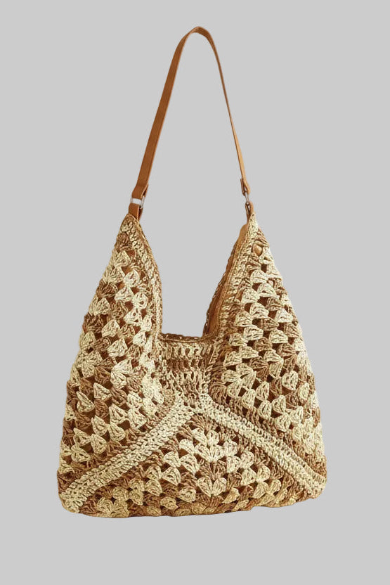 WOVEN WHIMSY TWO TONE RAFFIA KNIT SHOULDER BAG