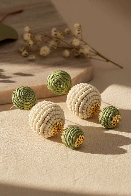 Raffia cotton and wood three piece earrings
