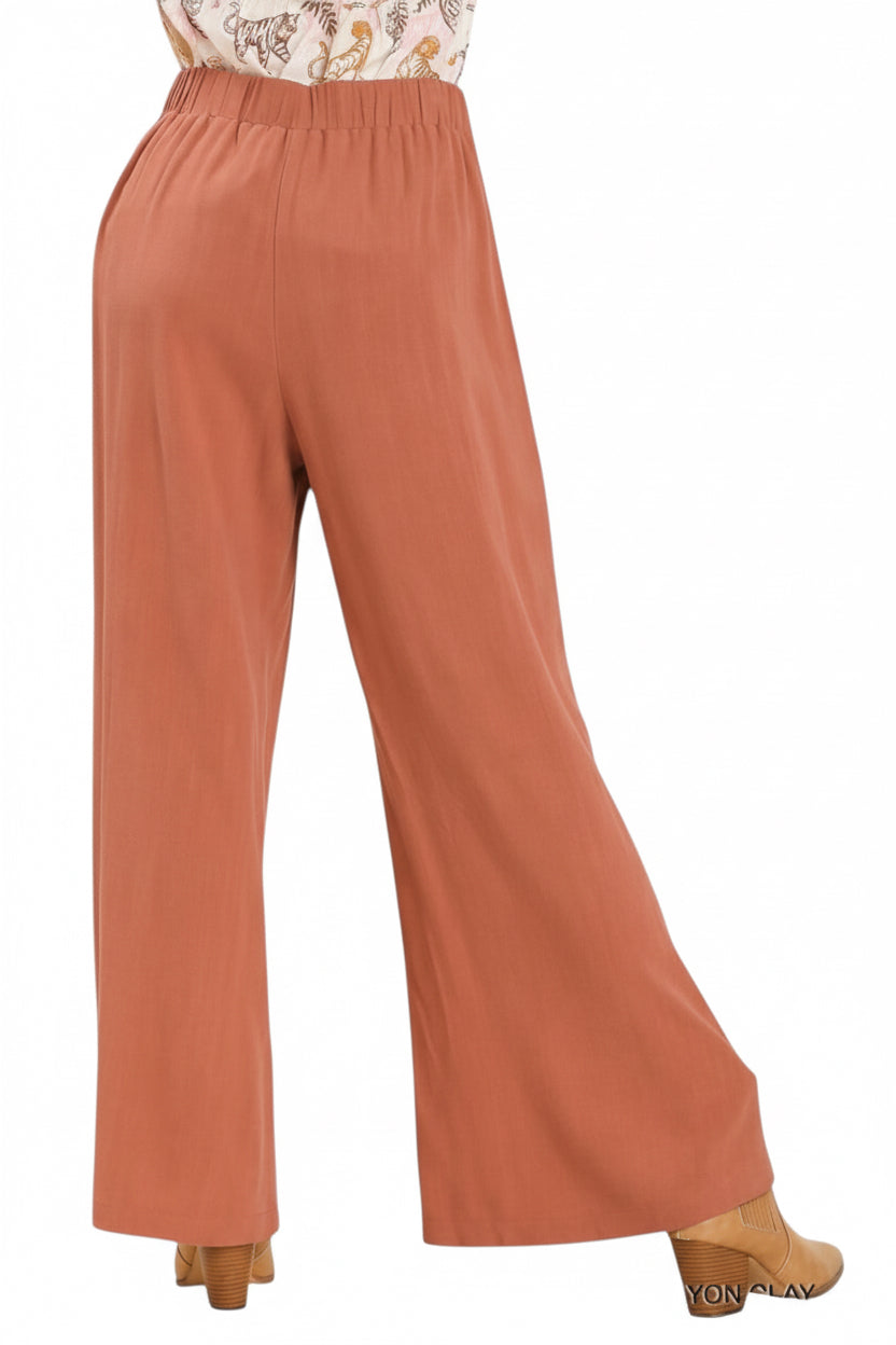 Pin tuck elastic waist wide leg pants