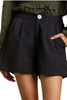 Black wide-leg vogue shorts with zip front, back view