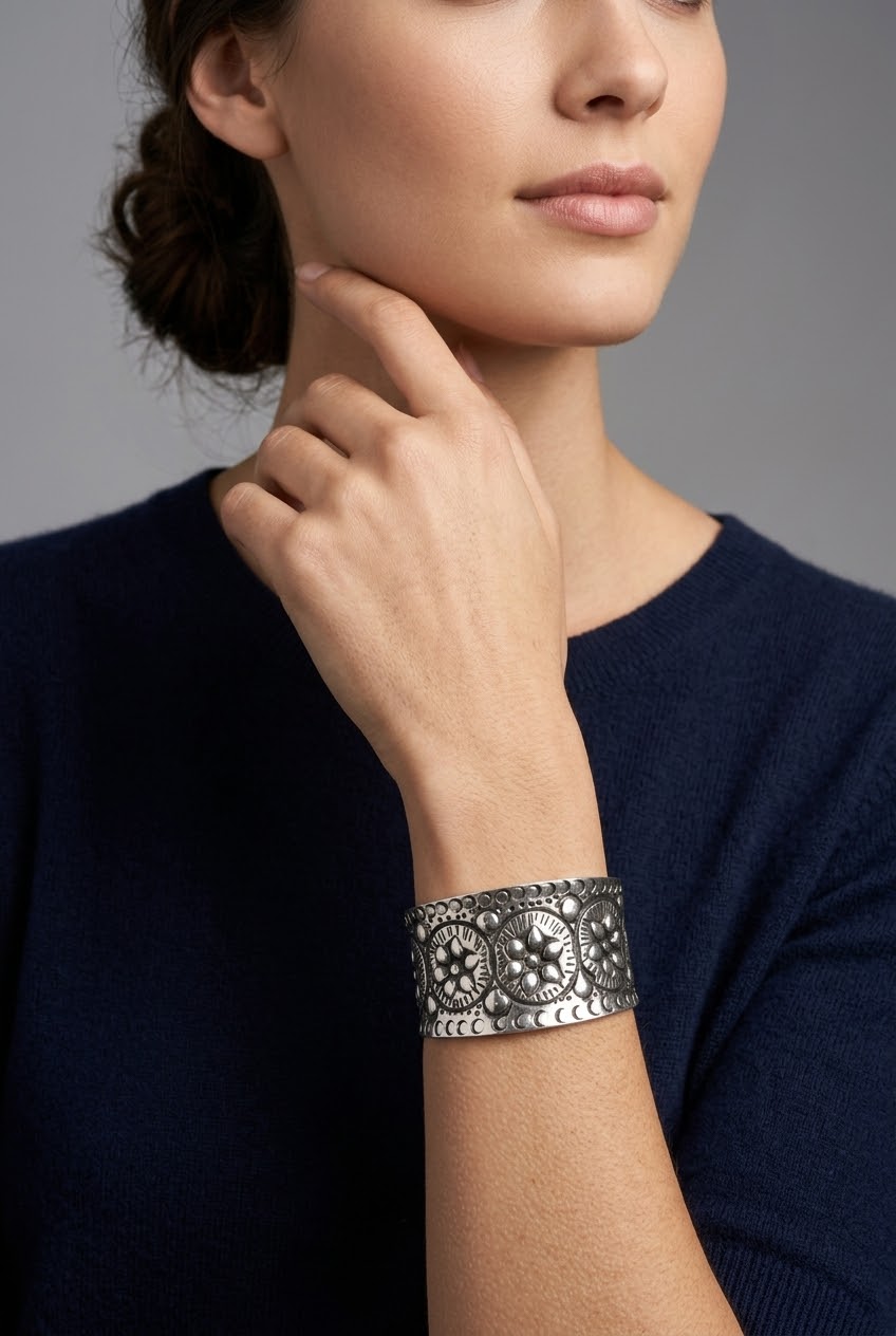 Silver Moonlight Floral Cuff Bracelet