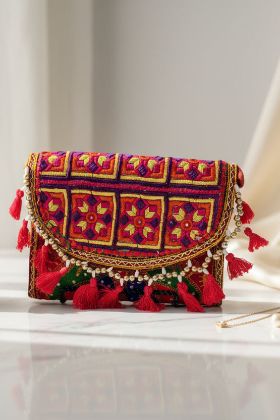 Handmade Multicolor Embroidered Beaded Banjara Shoulder/ Clutch Bag