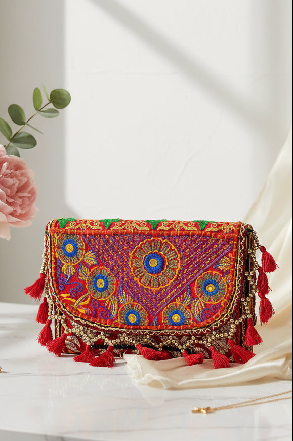 Handmade Multicolor Embroidered Beaded Banjara Shoulder/ Clutch Bag