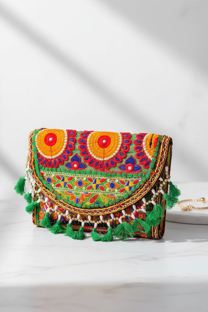 Handmade Multicolor Embroidered Beaded Banjara Shoulder/ Clutch Bag