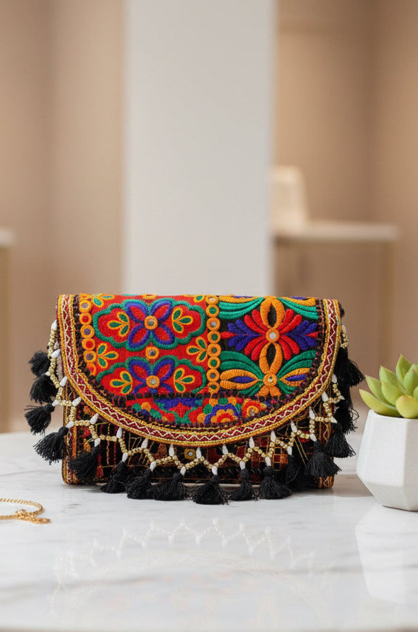 Handmade Multicolor Embroidered Beaded Banjara Shoulder/ Clutch Bag