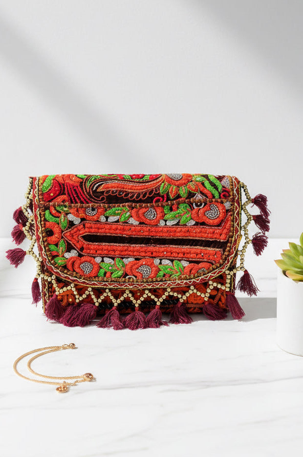 Handmade Multicolor Embroidered Beaded Banjara Shoulder/ Clutch Bag