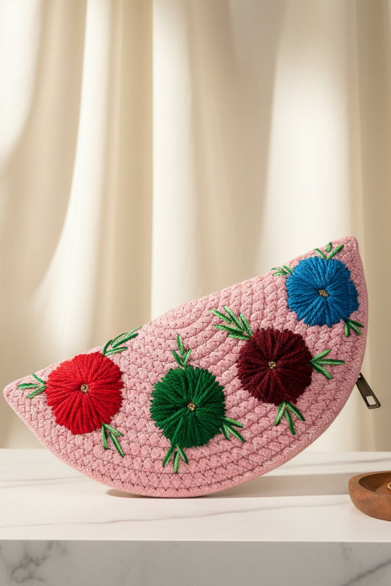 Handmade embroidered jute clutch pouch bag