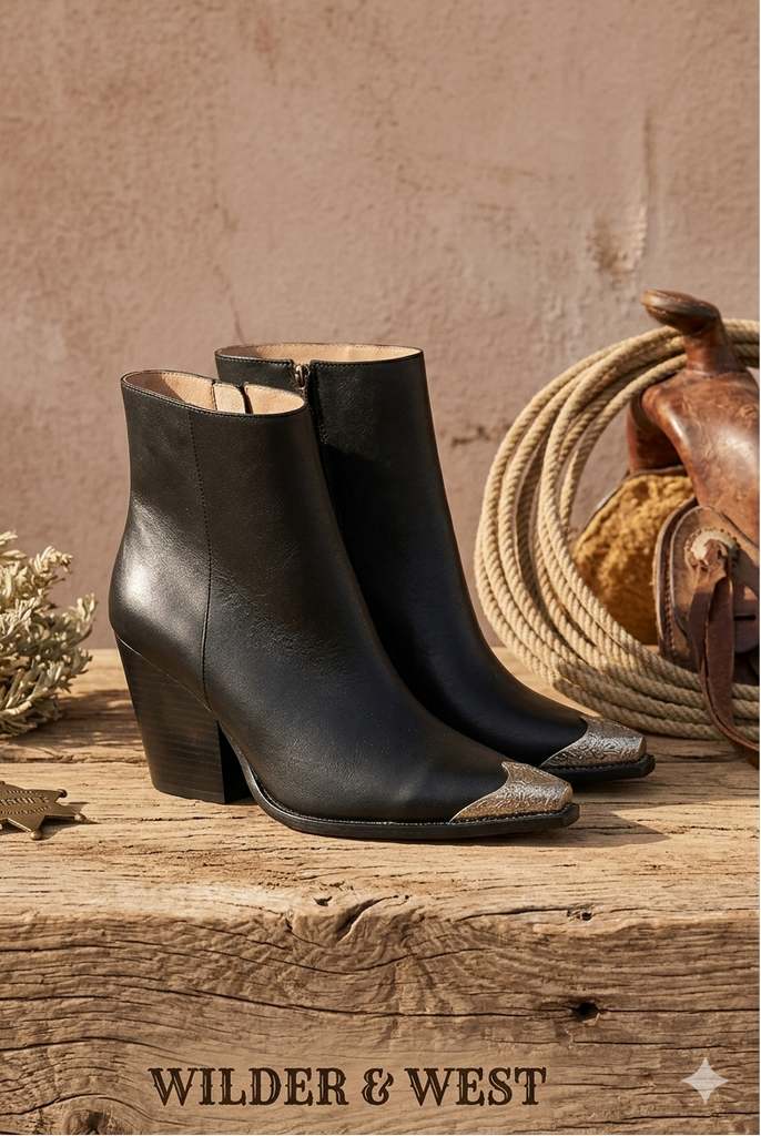 Western etched silver-tip noir block heel boot