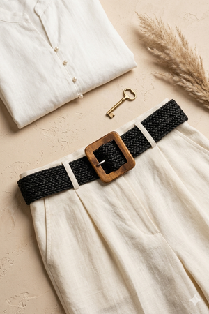 Black wooden buckle braided belt, side view