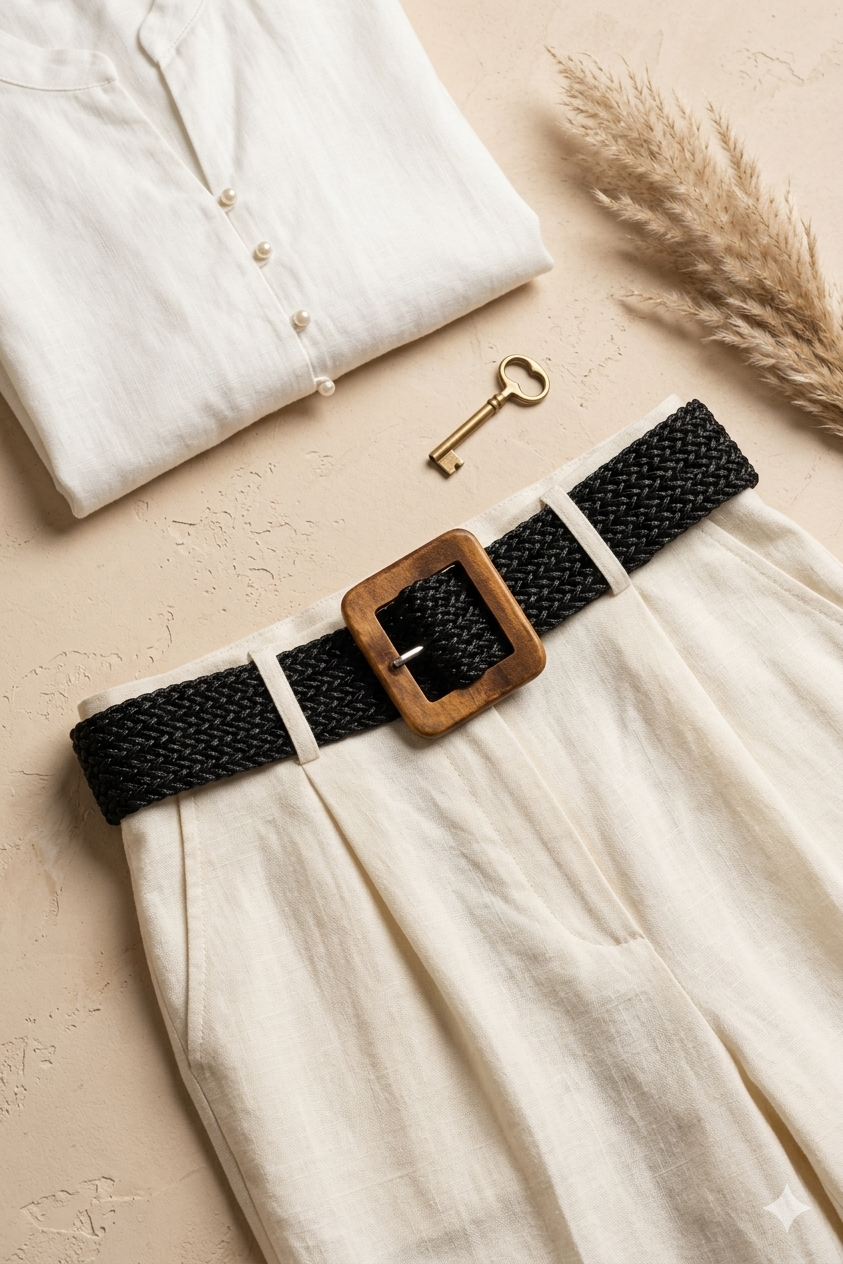 Black wooden buckle braided belt, side view