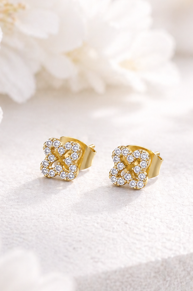 Gold mini CZ pave clover stud earrings