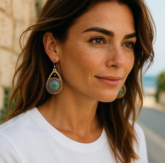 Handmade Teardrop shape with Aventurine Mixed metal earrings