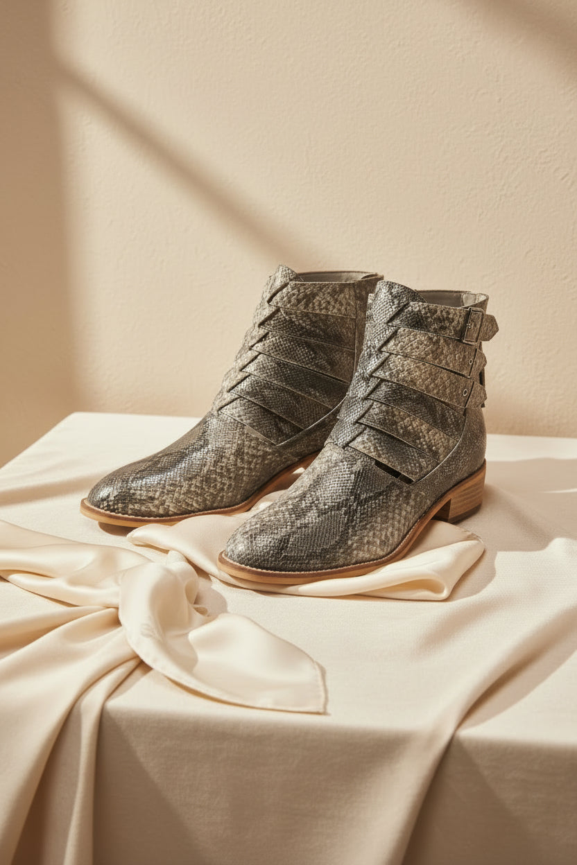 Frontier Fang Snake Print Cutout Ankle Boots