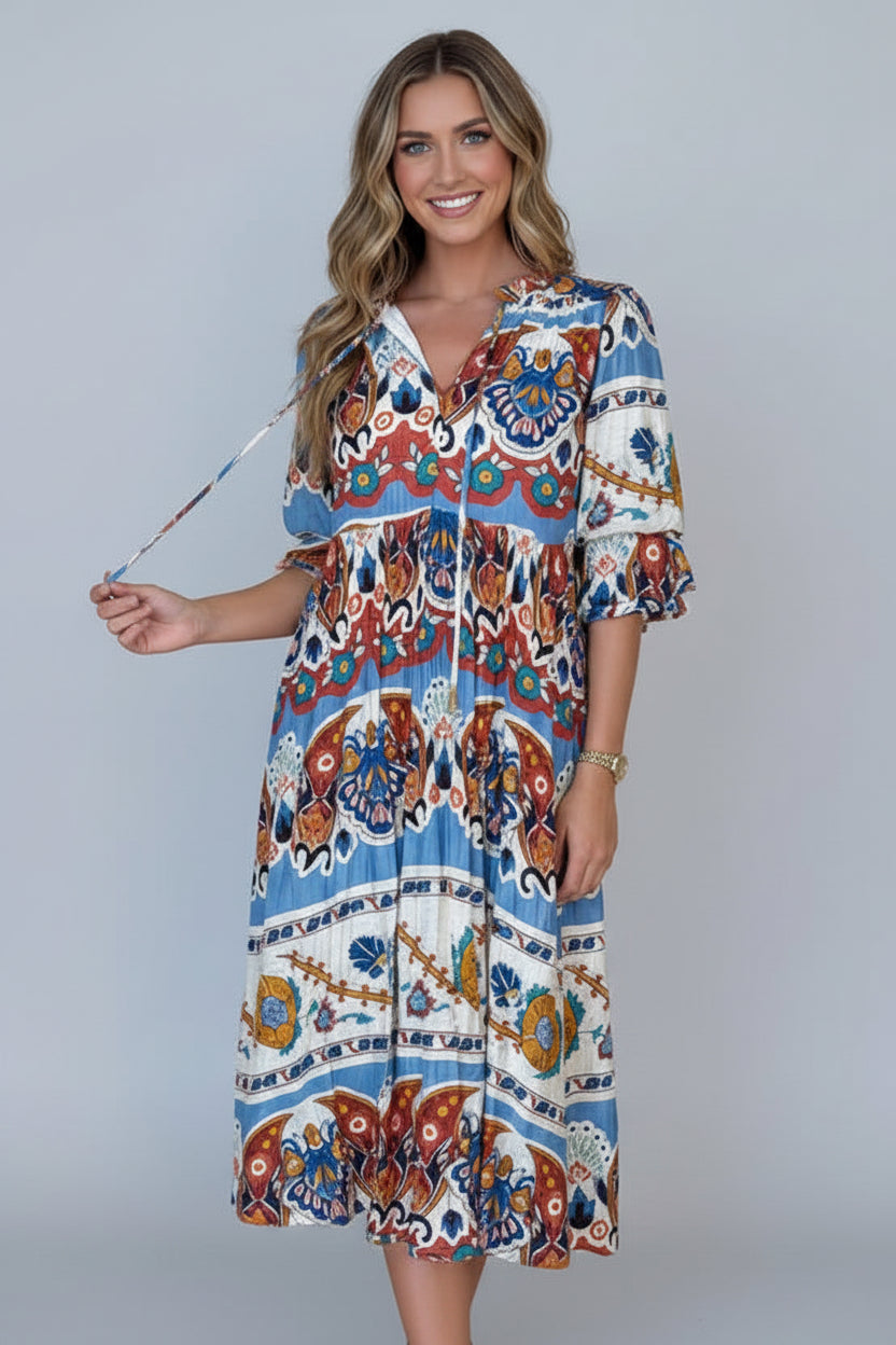 Blue border print midi dress