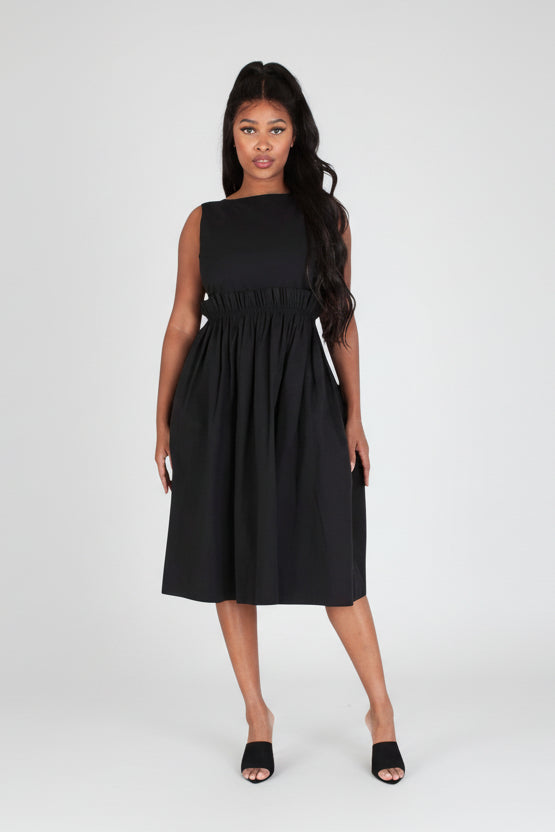 BACK BUTTON UP POCKETS FIT & FLARE SLEEVELESS MIDI DRESS