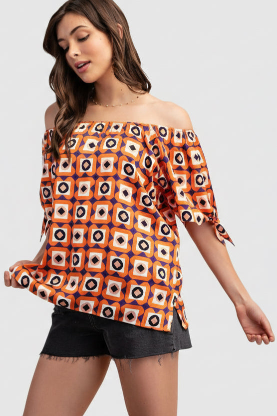 GRID & GLOW OFF THE SHOULDER GEOMETRIC PRINT TOP