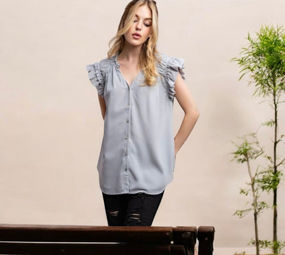 RUFFLE & READY CHIFFON SHIRRING DETAIL BUTTON DOWN TOP
