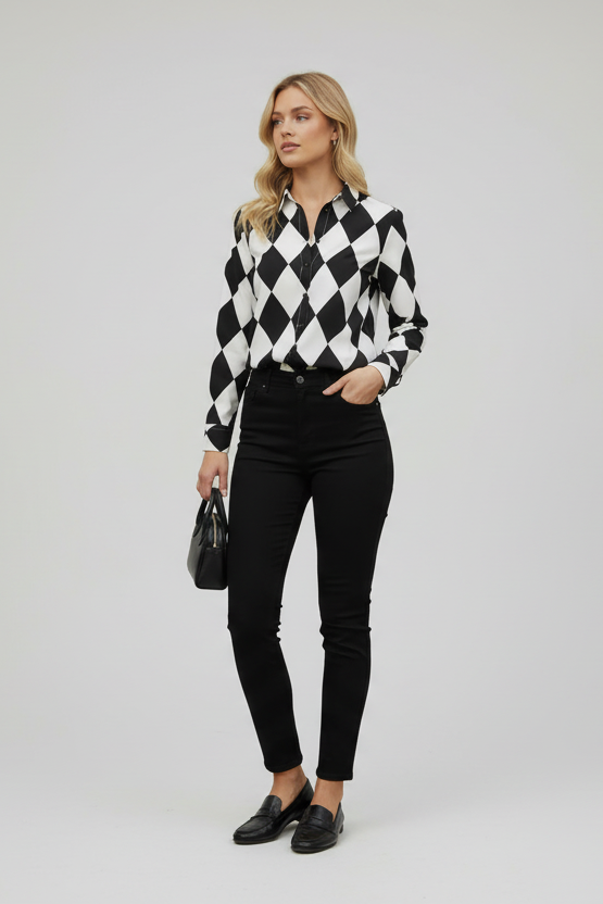 DIAMOND DISTRICT BALCK & WHITE LONG SLEEVE BLOUSE