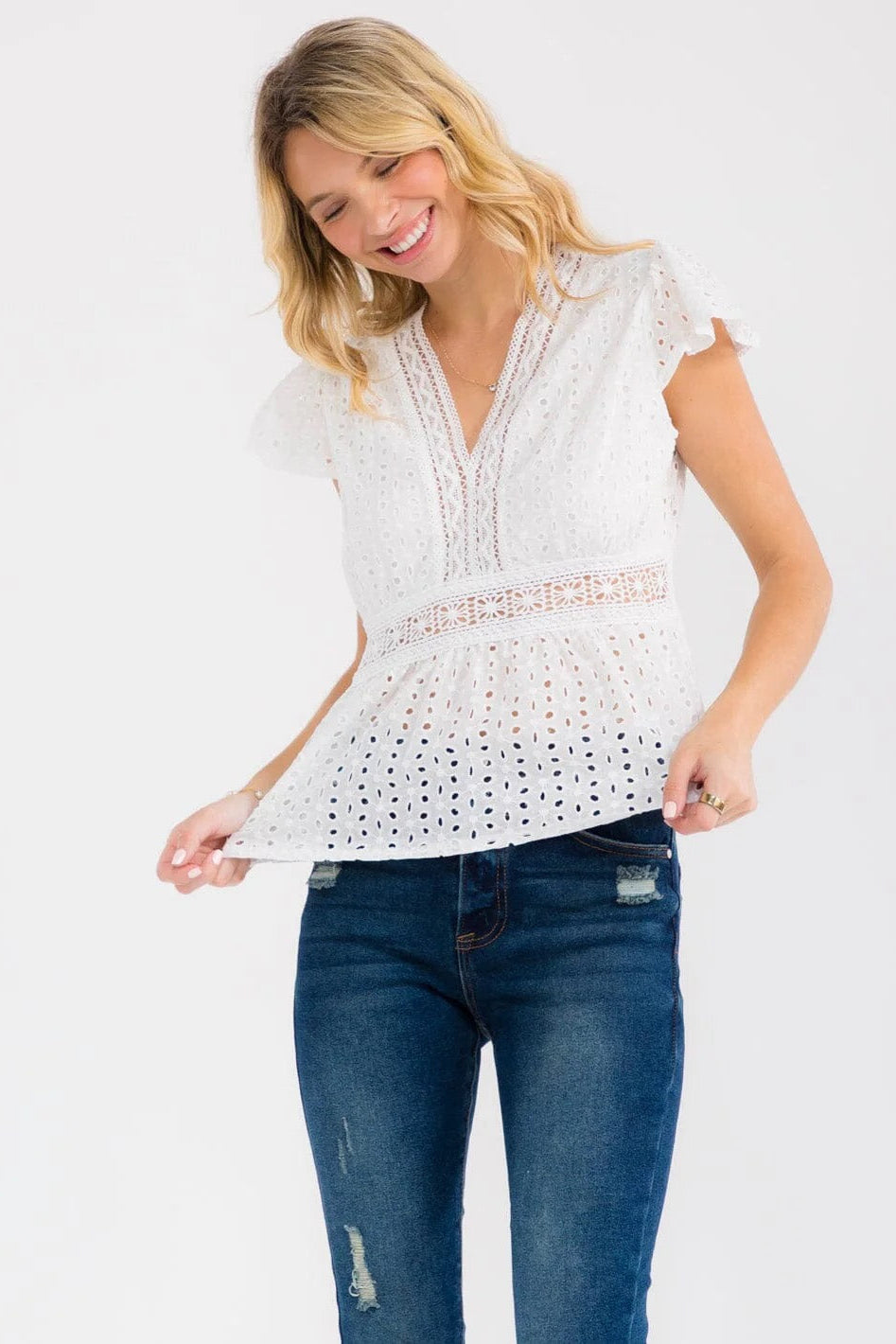 White Bloom Eyelet Ruffle Sleeve Peplum Top