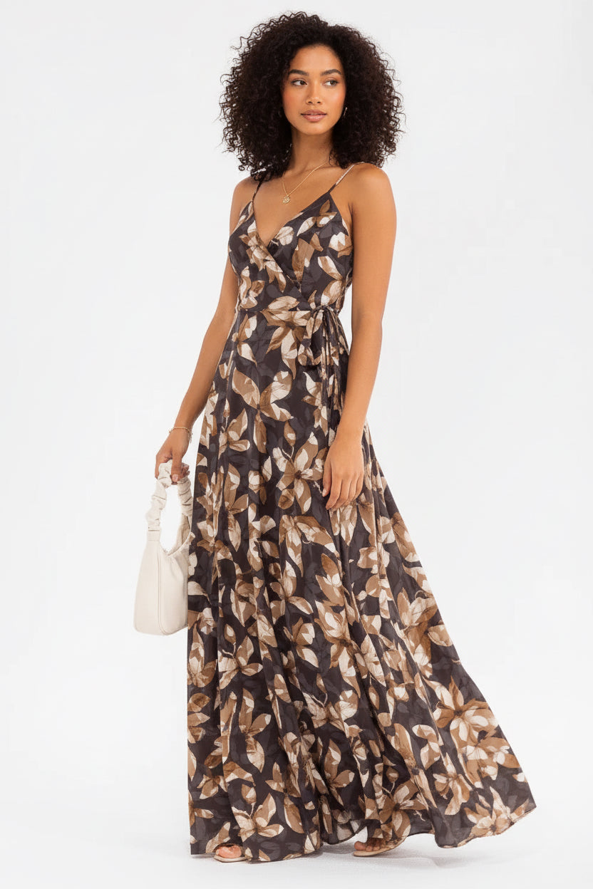 Mocha Bloom Open- Back Wrap Dress