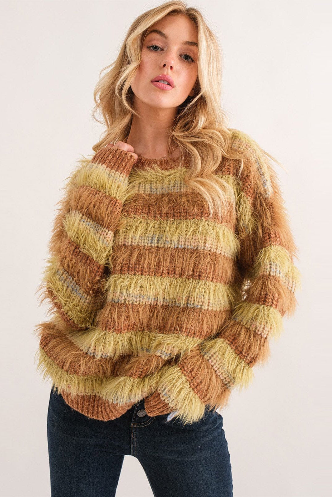Fuzzy stripe pullover sweater front view