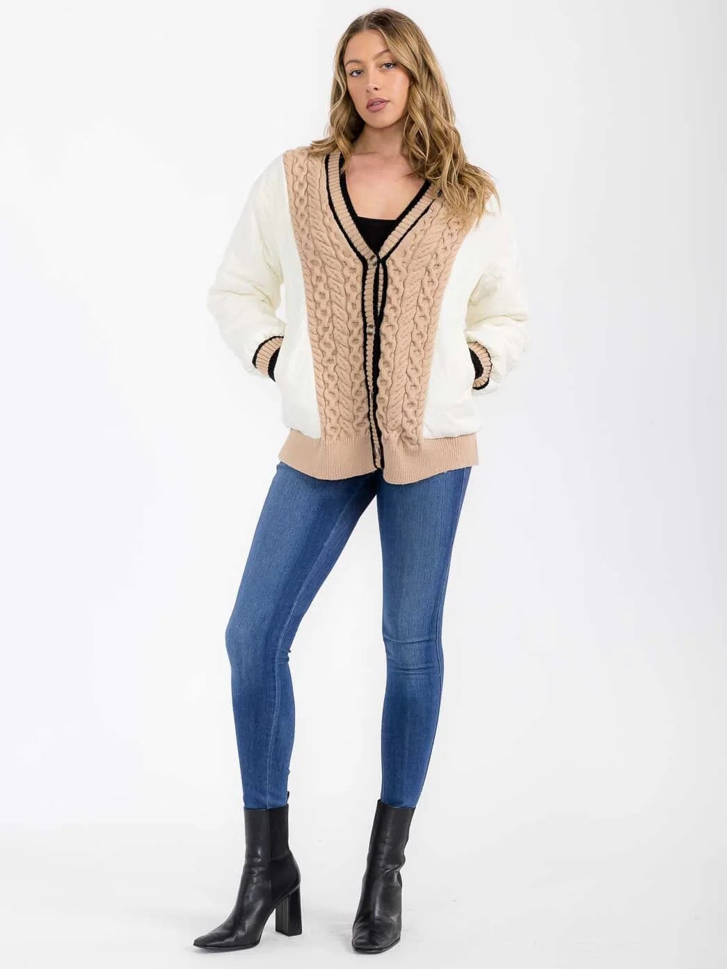 Quilt & Cable Knit Puffer Cardigan