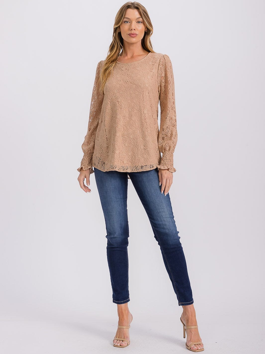 Chi Charm All Over Lace Smocked Cuff Blouse