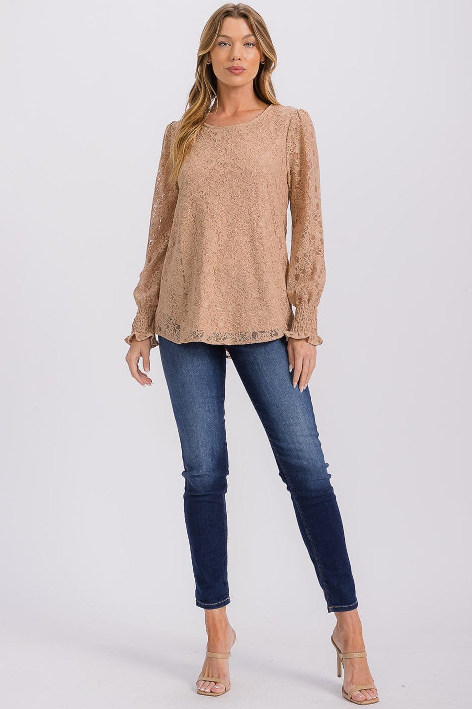 Chi Charm All Over Lace Smocked Cuff Blouse