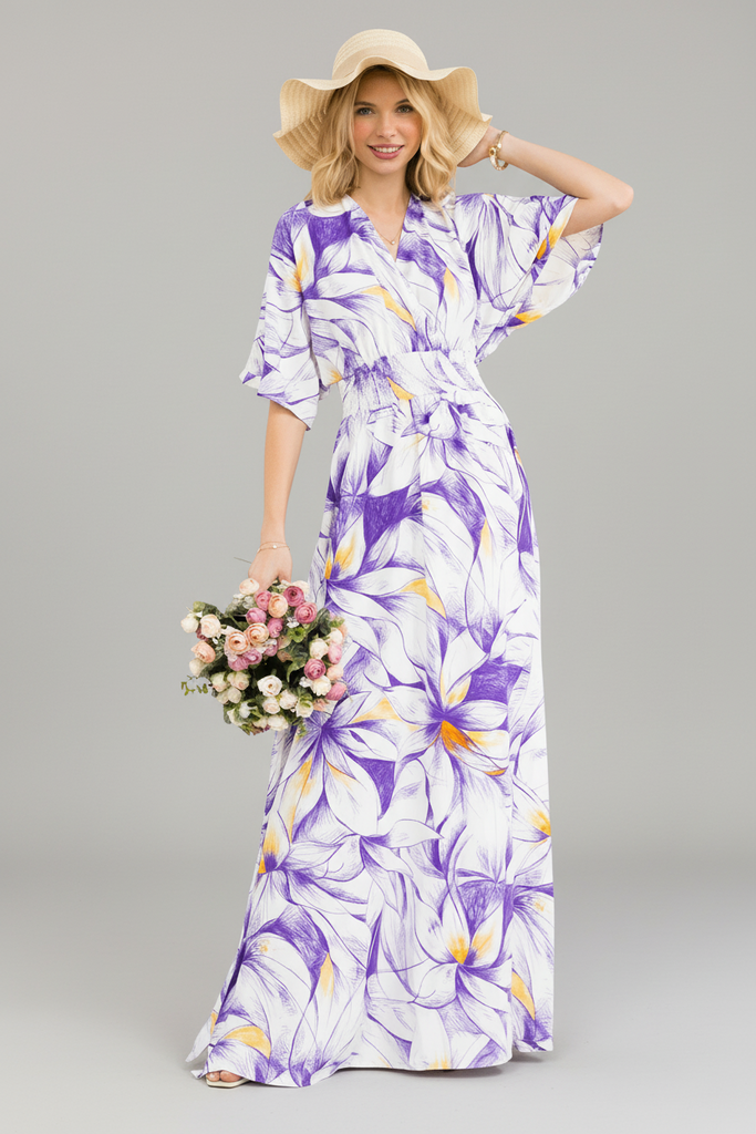 Lilac Bloom high-slit maxi dress in floral print