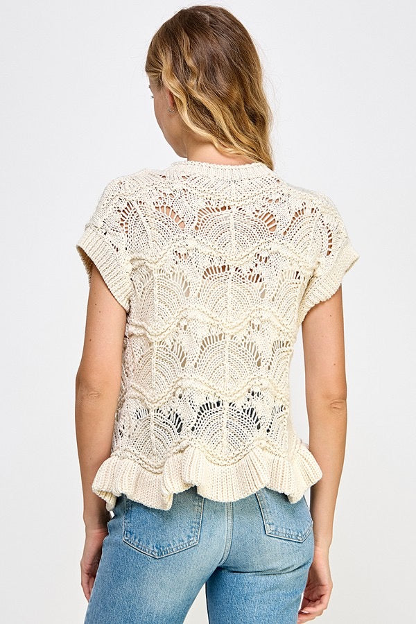Isla Ruffle Crochet Lace -Up Chunky Knit  Sweater Vest Top