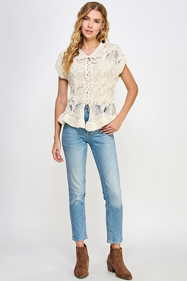 Isla Ruffle Crochet Lace -Up Chunky Knit  Sweater Vest Top
