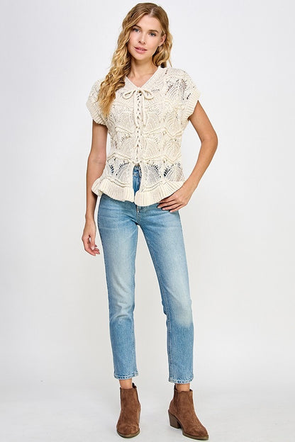Isla Ruffle Crochet Lace -Up Chunky Knit  Sweater Vest Top