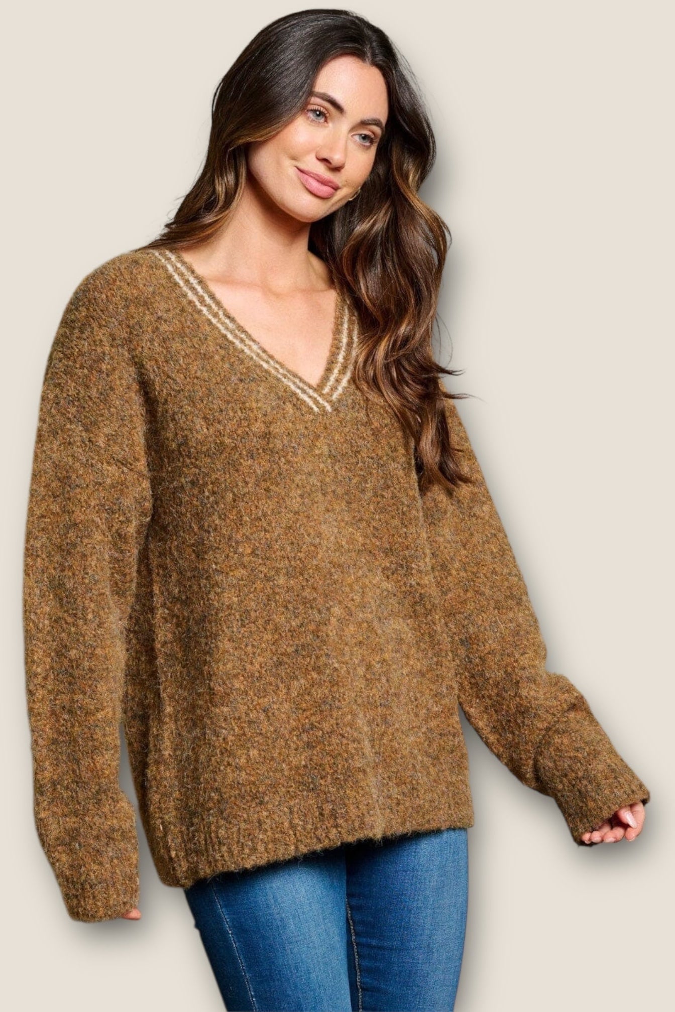 Soft drape V-neck sweater side view