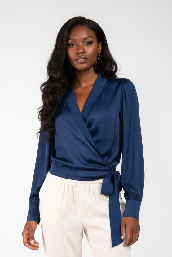 Sapphire Whisper balloon sleeve wrap blouse