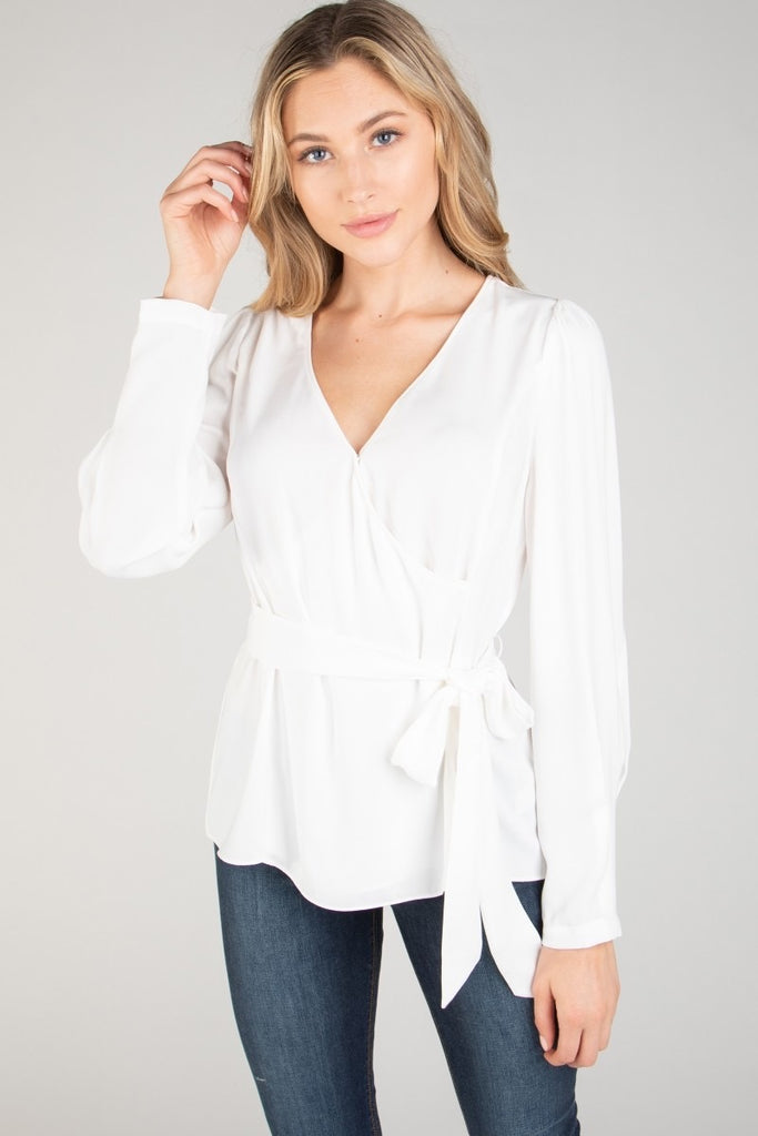 Self belt mandarin collar blouse front view