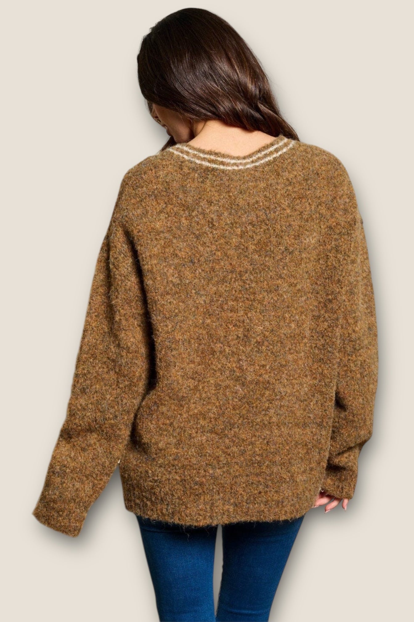 V-neck drape pullover sweater back view